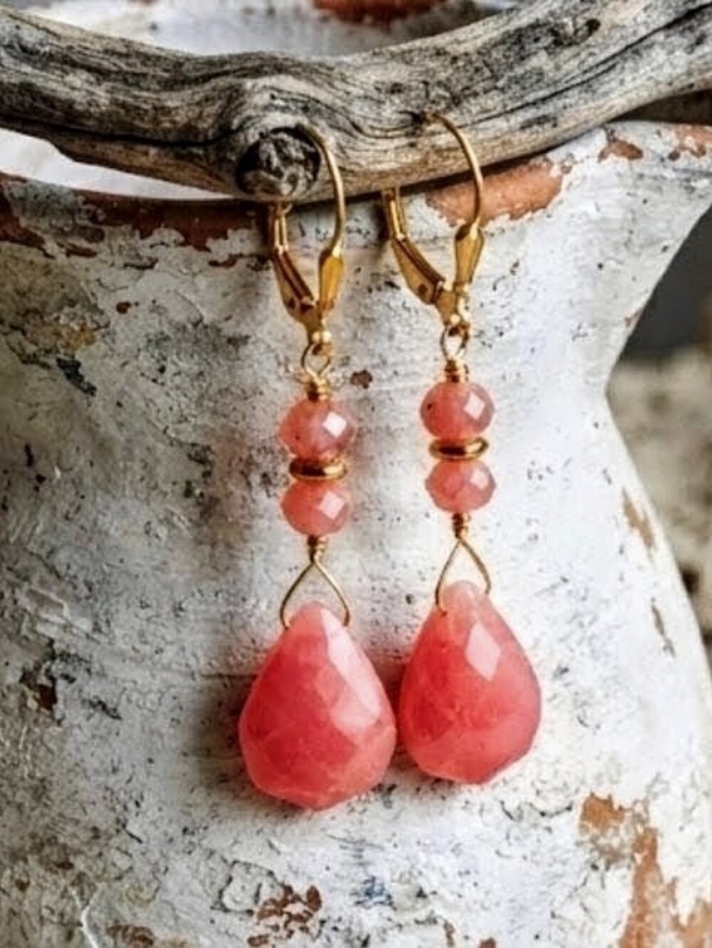 Sparkling Natural Pink Jade In Gold Plated Statement Beautiful Drop Earrings